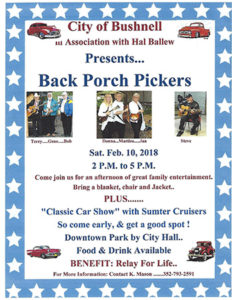Back Porch Pickers, presented by the City of Bushnell @ Downtown Park, by City Hall